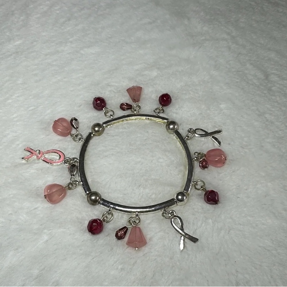 Pink Ribbon Charm Bracelet with Beaded Dangles